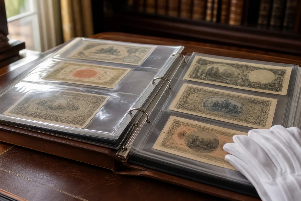 Billets de banque français anciens rangés sous pochettes de protection dans un classeur de collectionneur