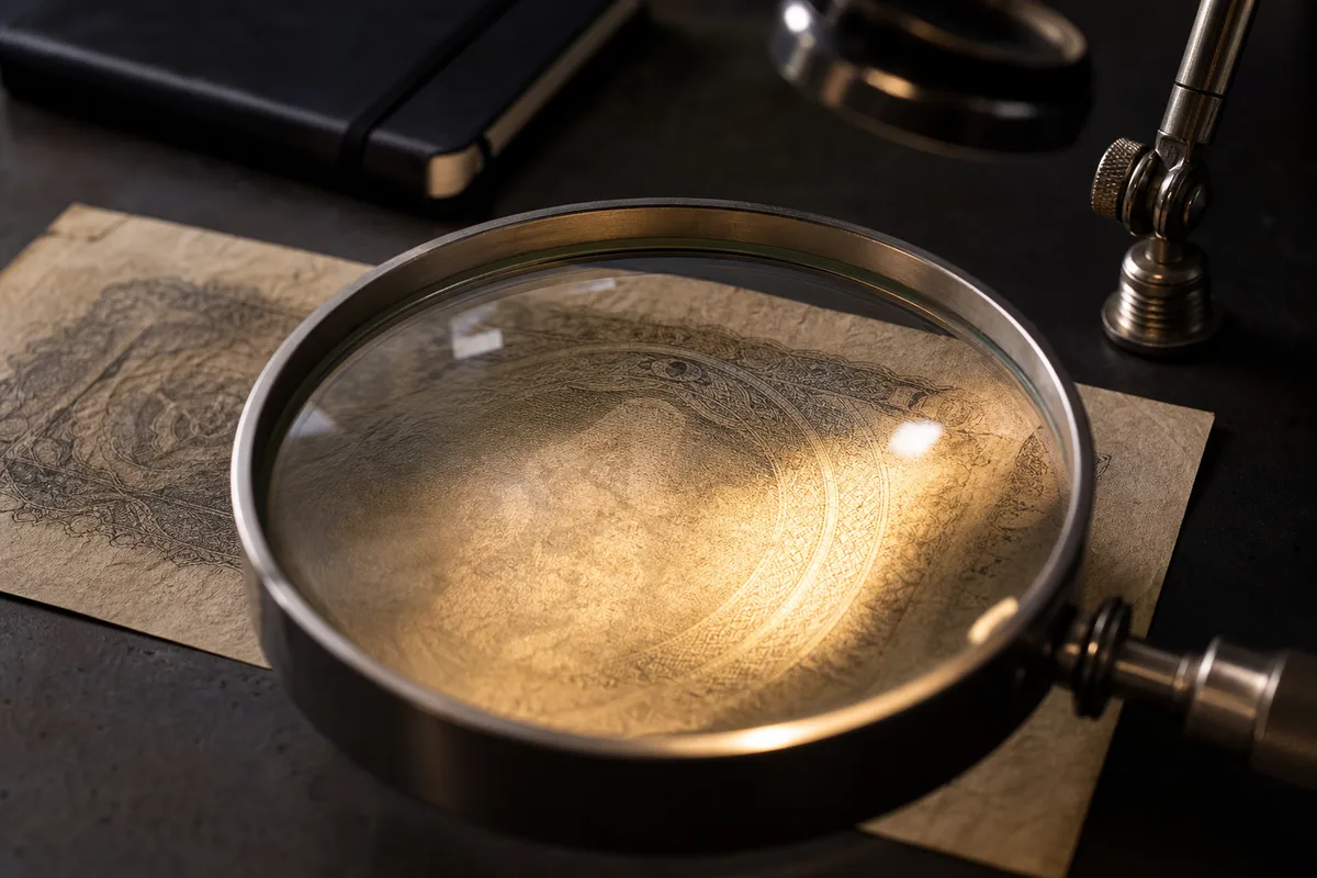 Loupe de numismate posée sur un billet ancien français éclairé par une lampe d’examen