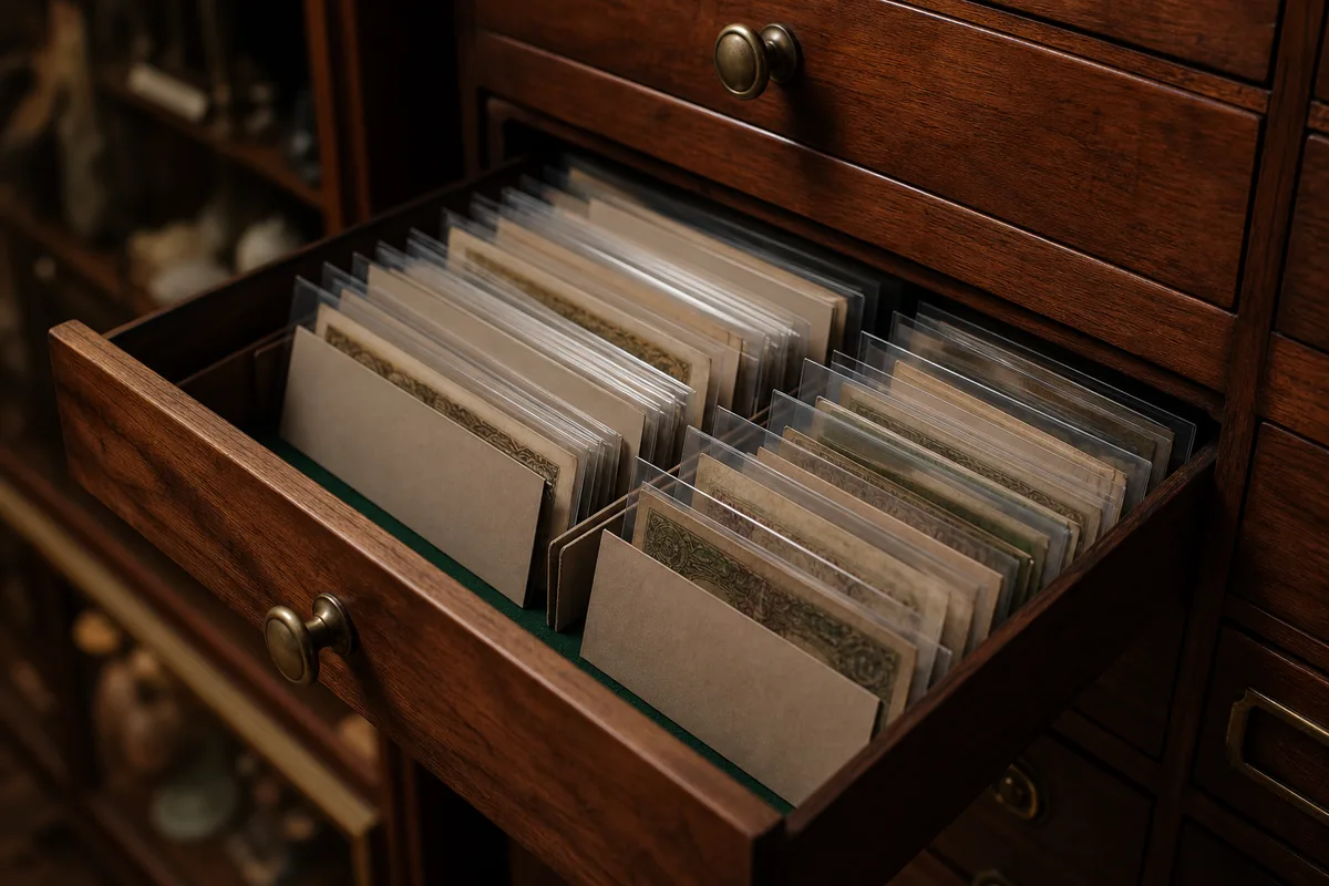 Tiroir de collectionneur ouvert avec billets anciens classés sous pochettes transparentes