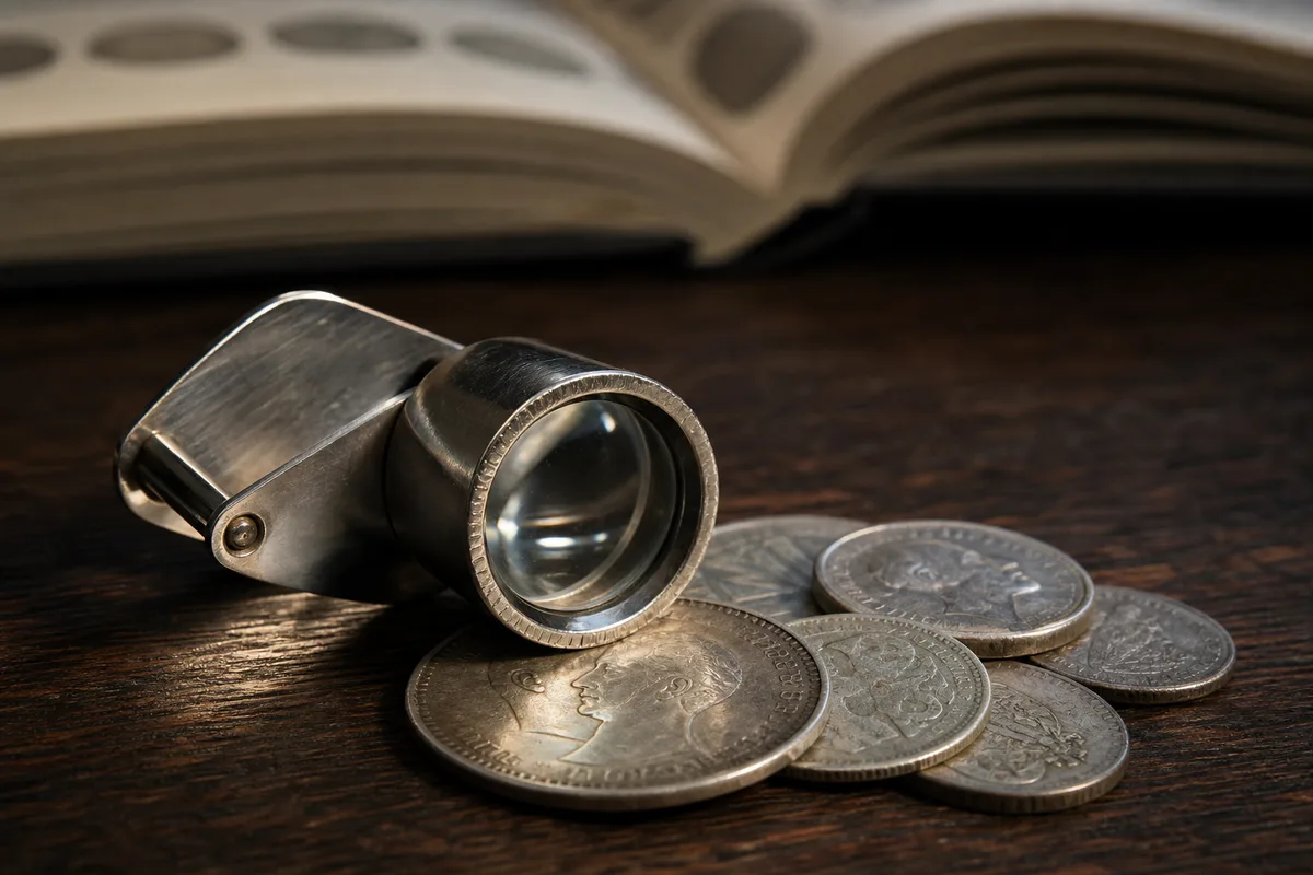 Loupe de numismate posée sur des pièces anciennes en argent