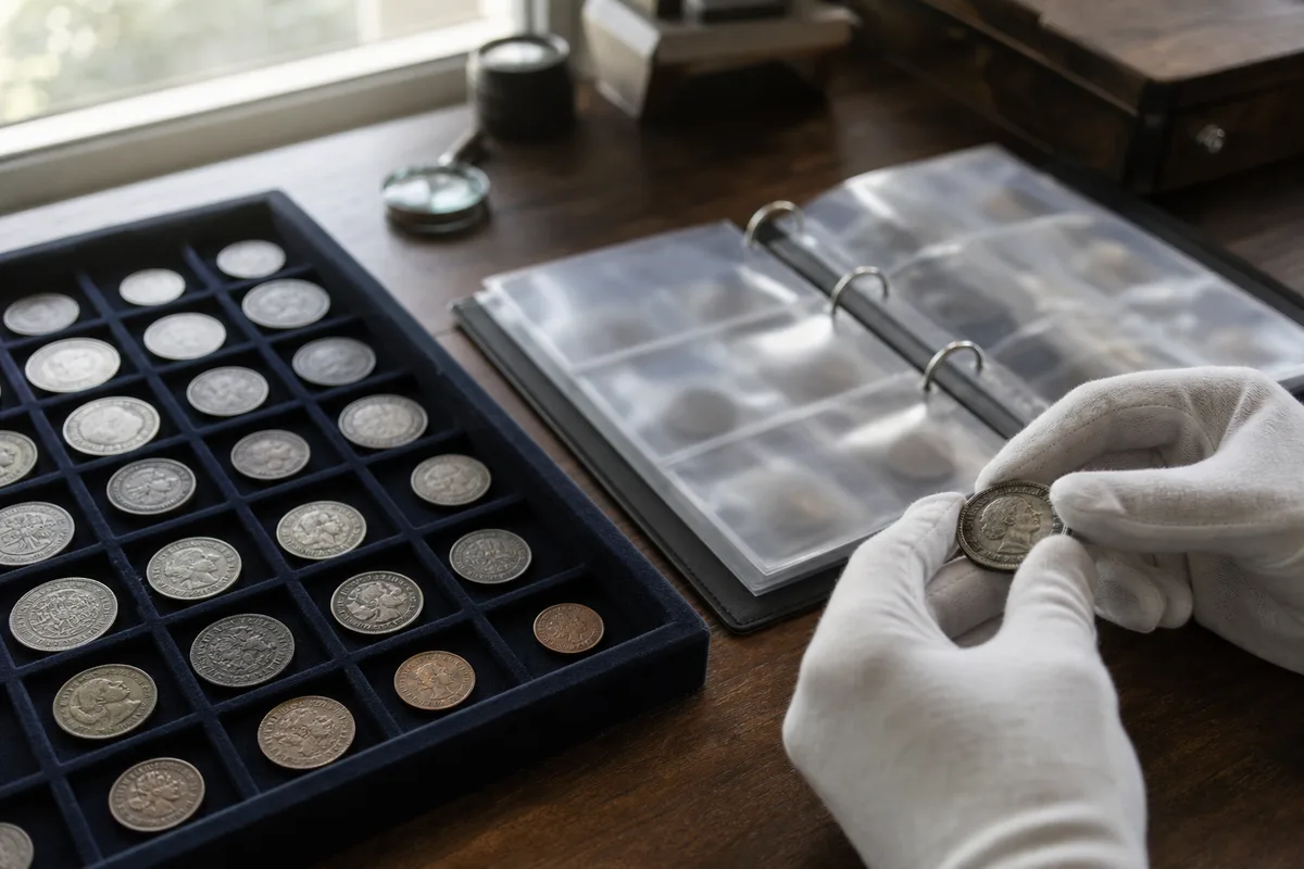 Pièces de monnaie anciennes et classeur de collection posés côte à côte sur un bureau