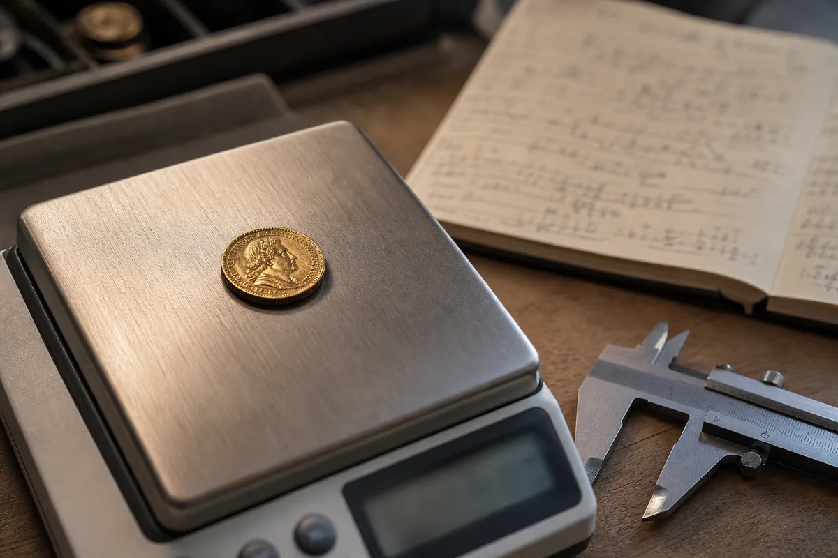 Balance de précision pesant une pièce de monnaie ancienne dans un atelier d&rsquo;expertise