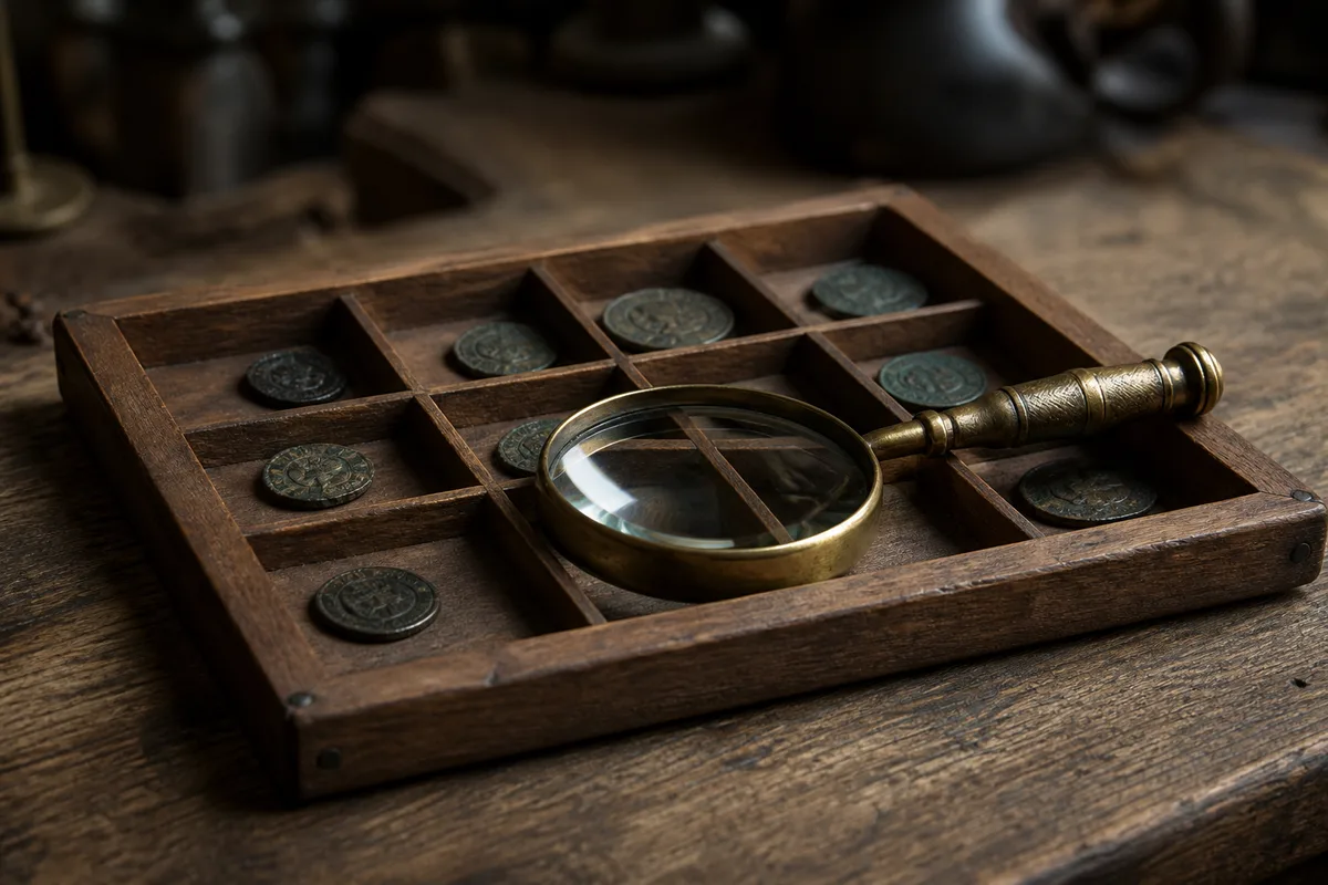 Loupe de numismate posée sur un plateau de classement en bois contenant des petites monnaies celtiques en bronze