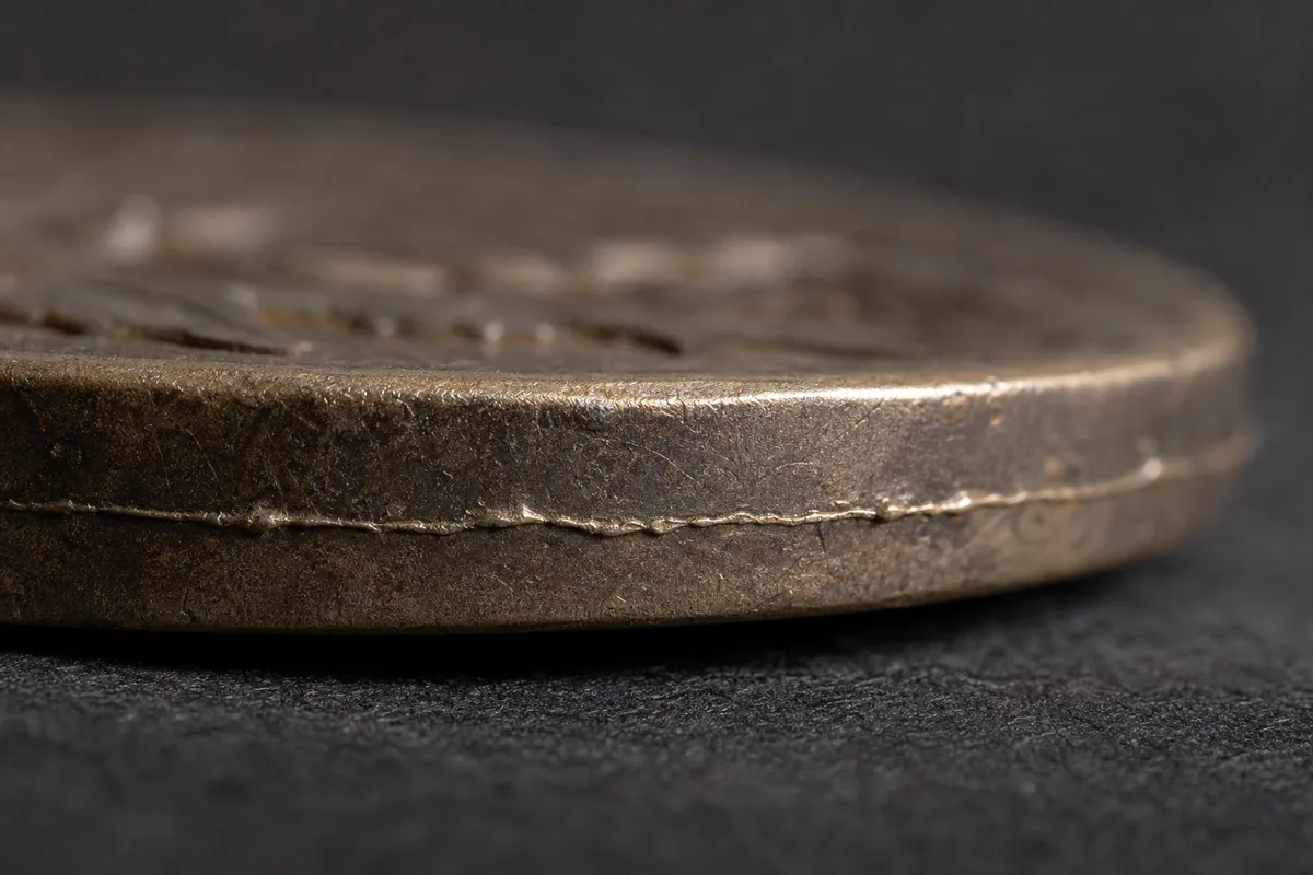 Gros plan macro sur la tranche d’une pièce ancienne révélant une fine ligne de couture de moulage, éclairage rasant