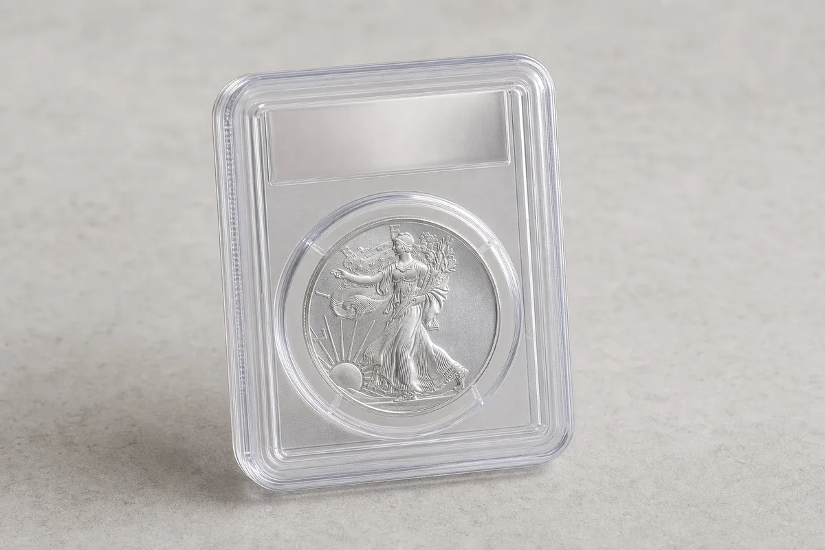 Pièce d’argent scellée dans une coque de certification transparente inviolable posée sur une surface neutre